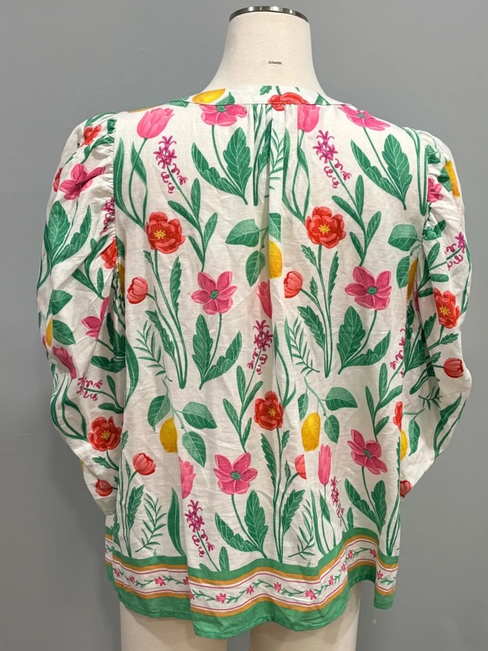 Rachel Zoe Linen Blend Pink Red and Yellow Lemons 3/4 Sleeve Tie Front Blouse XL - Picture 5 of 11
